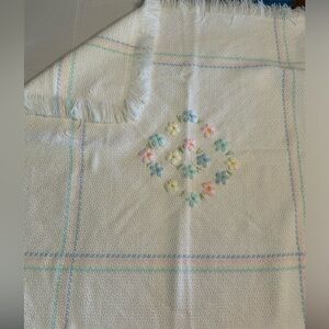 Vintage Saks Fifth Avenue Baby Blanket Basket Weave Embroidered Floral Pastel